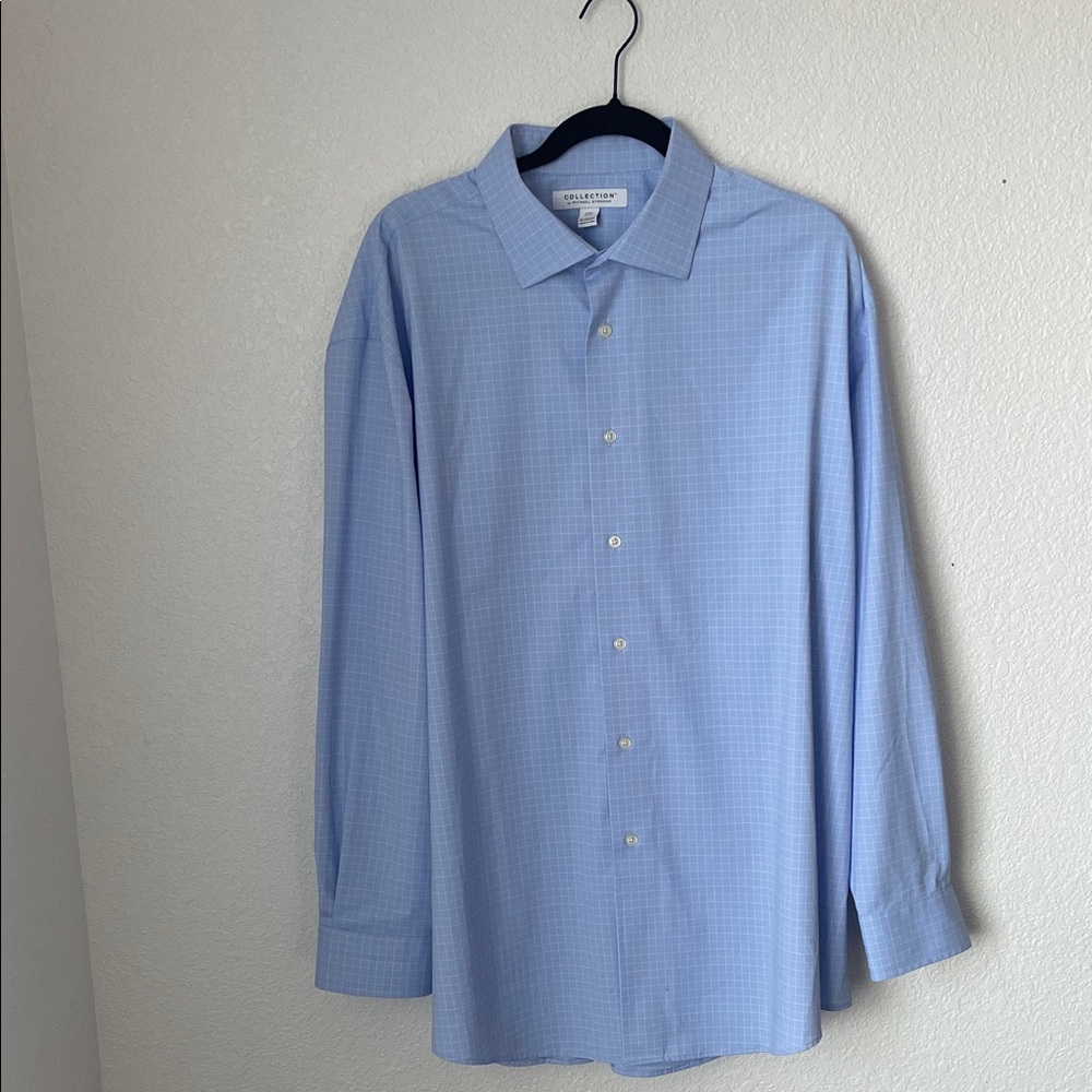 Collection By Michael Strahan Dress Shirt 17.5 34/35 Blue Wrinkle Free Stretch